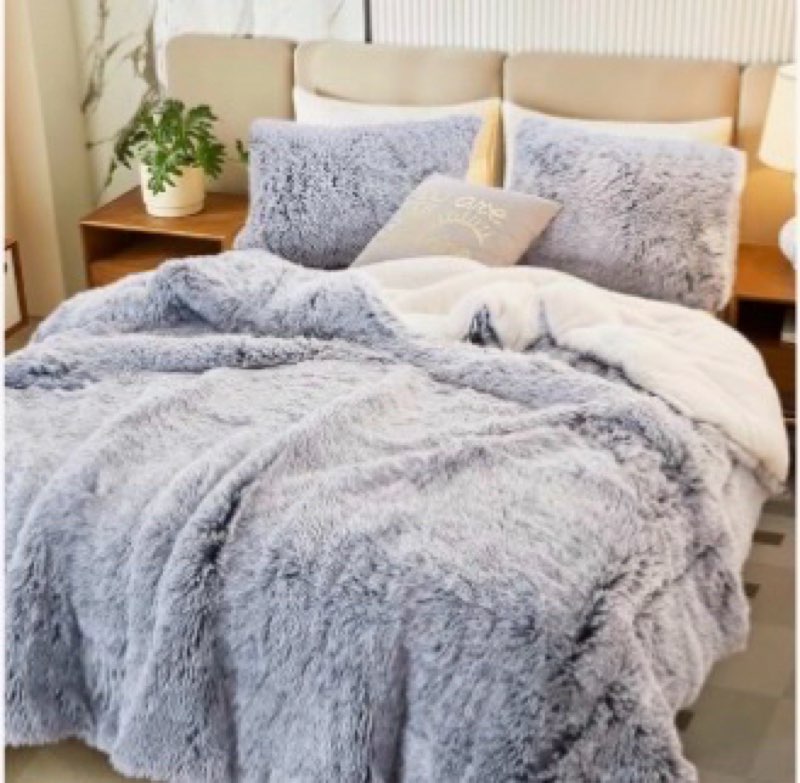 FlySheep Luxury Faux Fur Ombre Shaggy Fluffy Comforter Set Queen Size Mixed Gray and White Long Hair, Plush Sherpa Backing Reversible Bedding Set Super Warm for Winter