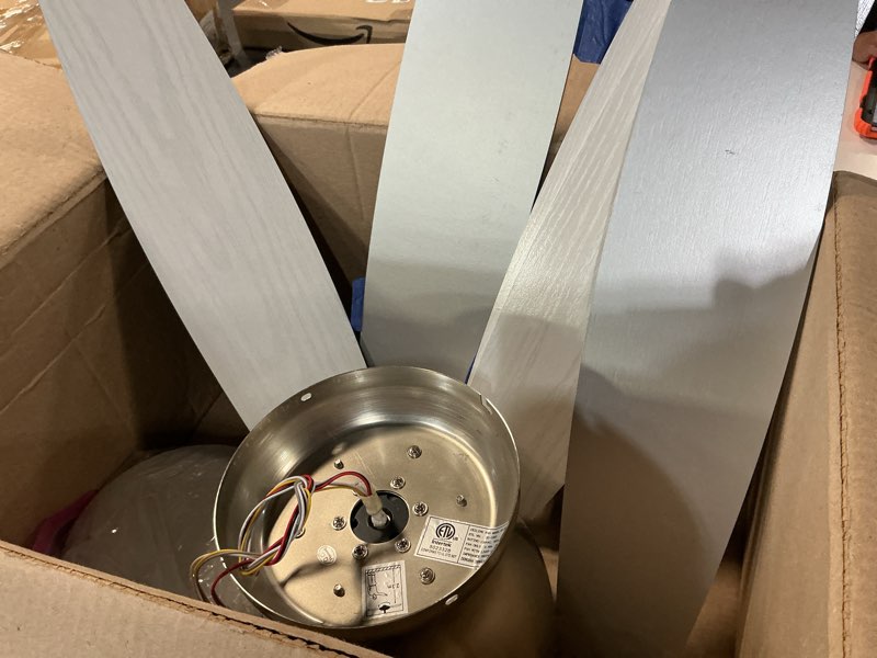 Condition photo showing As Is for Ohniyou Ceiling Fans with Lights, 42'' Low Profile Ceiling Fan with Light and Remote/APP Control, Modern Flush Mount Ceiling Fan for Indoor Bedroom Kitchen, Dimmable, Qiuet DC Motor, White White 42 inch