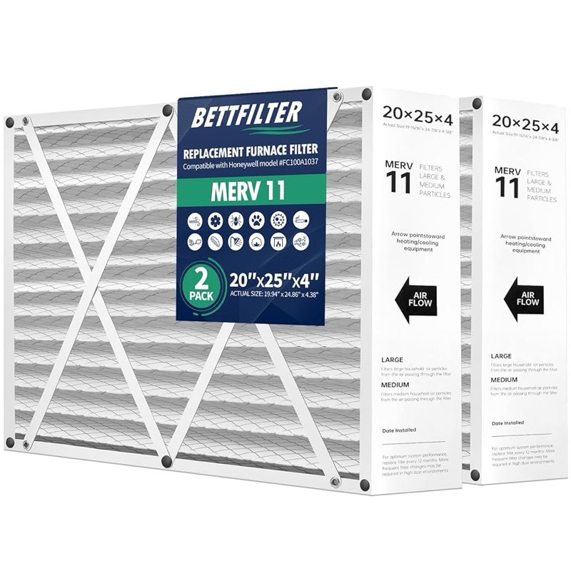 bettfilter 20x25x4 ac furnace air filter compatible with honeywell fc100a1037, merv 11 havc filter r. set of 2