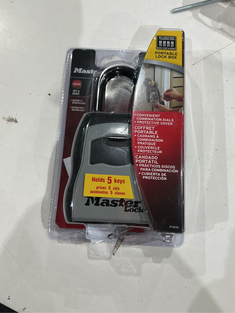 Condition photo showing As Is for master lock 5-7/32 in. h x 3-1/4 in. w metal 4-digit combination lock box