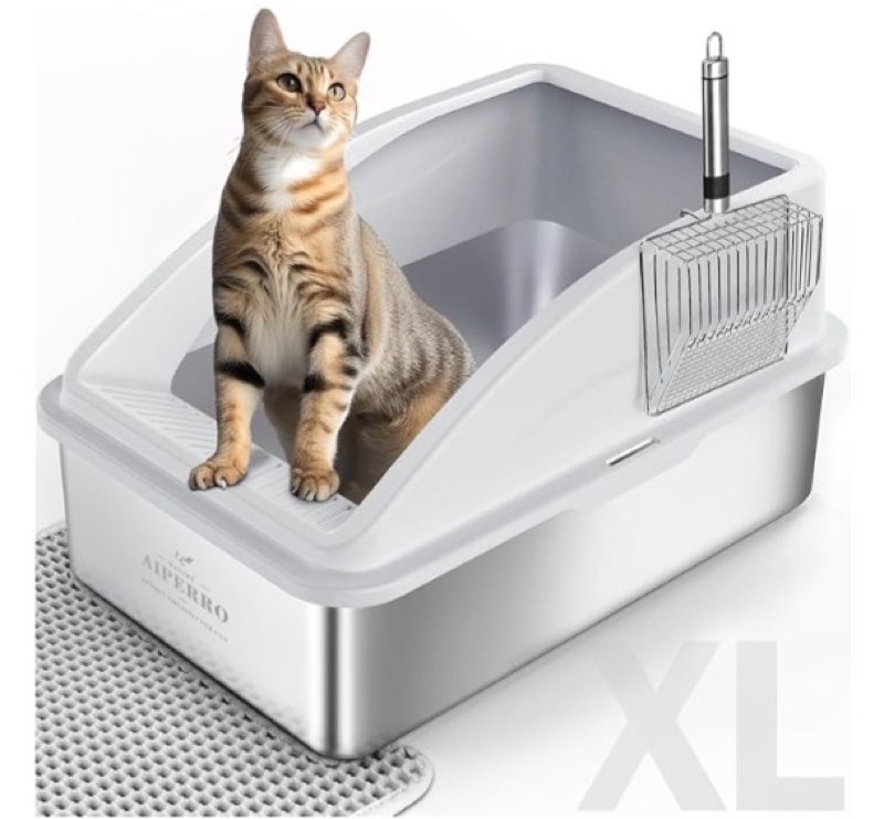 aiperro stainless steel litter box | xl enclosed cat litter boxes with lid for big cats | high sided, anti-urine leakage | non-stick bottom & includes litter mat & metal scoop