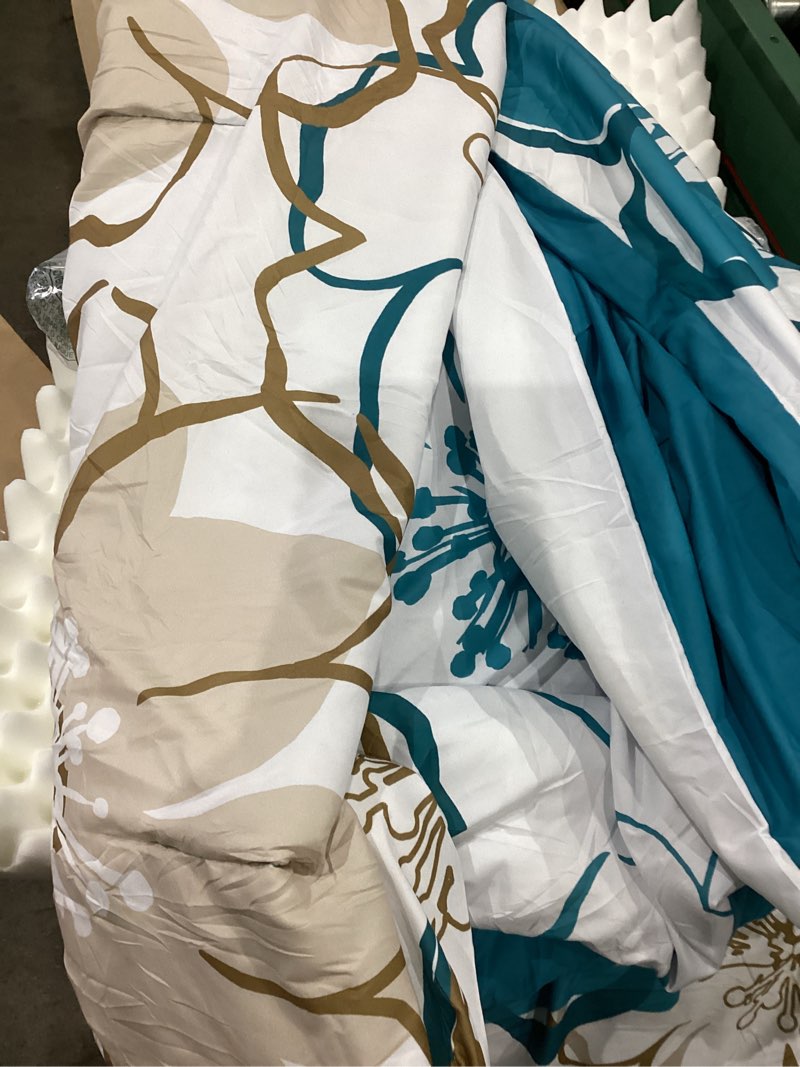 Condition photo showing As Is for anibedding teal floral comforter set king size 7 piece, teal blue flower bed in a bag, elegant botanical floral comforter soft microfiber