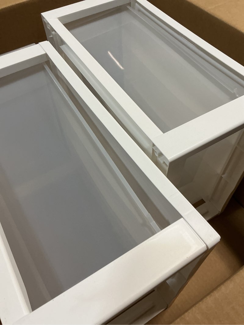 Condition photo showing Good Condition for iris usa 30 qt. plastic drawer storage organizer stacking drawers, 2-pack, stackable unit with sliding drawer for clothes bedroom kitchen under sink pantry craft room bathroom dorm office, white 2 pack 30 qt.