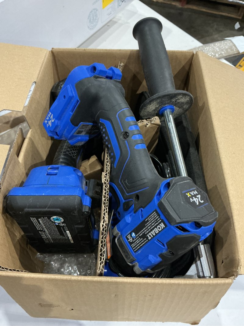 Condition photo showing As Is for kobalt 24-volt 2-tool brushless power tool combo kit with soft case (1-battery included and charger included)