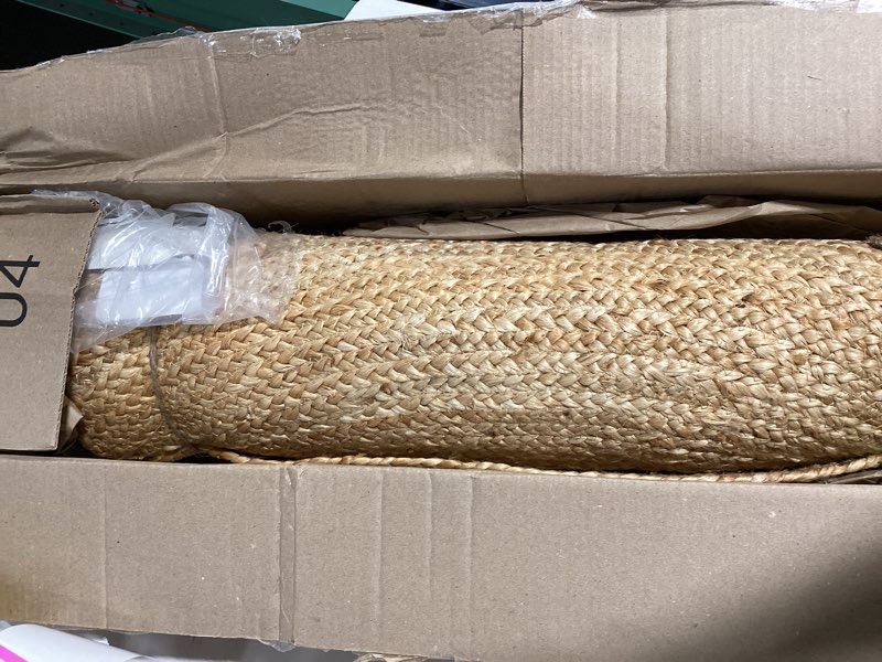 Condition photo showing As Is for hand woven jute area rug - 6' round - rustic beige reversible farmhouse rugs for living room, bedroom, kitchen - vintage natural braided entry floor décor circle boho round rugs 6ft natural 1 6' (round)