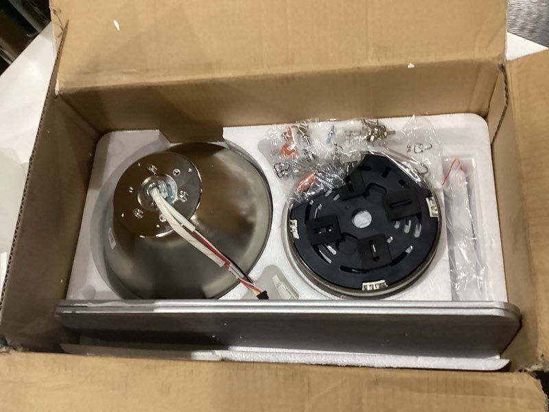 Condition photo showing As Is for missing one blade amico ceiling fans with lights, 42 inch low profile ceiling fan with light and remote control, flush mount, reversible, 3cct, dimmable, noiseless, nickel ceiling fan for bedroom, indoor/outdoor use nickel 42 inch