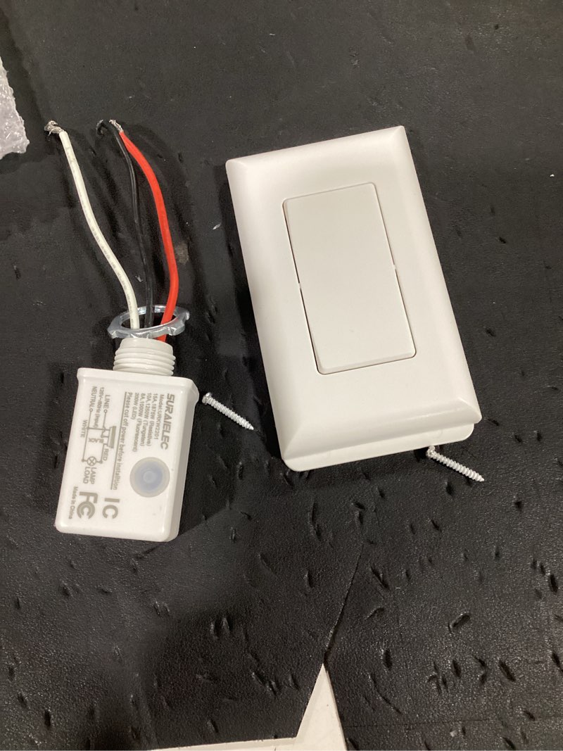 Condition photo showing As Is for suraielec wireless light switch and receiver kit, single pole, rf 100 feet, no wifi, no interference, expandable 15a remote control wall switch for ceiling lighting, lamp, fan (neutral wire required