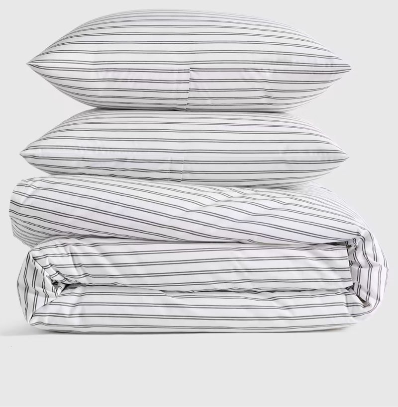 quince organic crisp percale double stripe duvet king set of 3 pcs /white pine