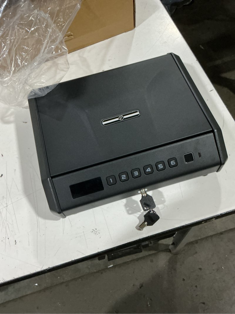 Condition photo showing As Is for large biometric gun safe for pistols, 100 sets of fingerprint handgun safe with internal light & silent mode, gun lock box for home bedroom bedside nightstand and car