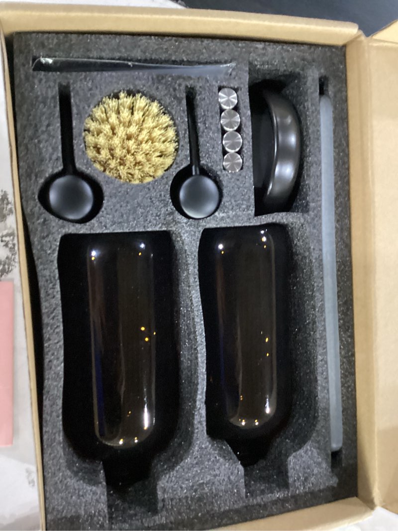 Condition photo showing New/Like New for [luxury] kitchen soap dispenser set - 16oz amber glass bottle, stainless steel pump, instant dry tray, waterproof labels, non-slip silicone pad, and dish brush | upgrade for your kitchen and bathroom amber bottle + black pump