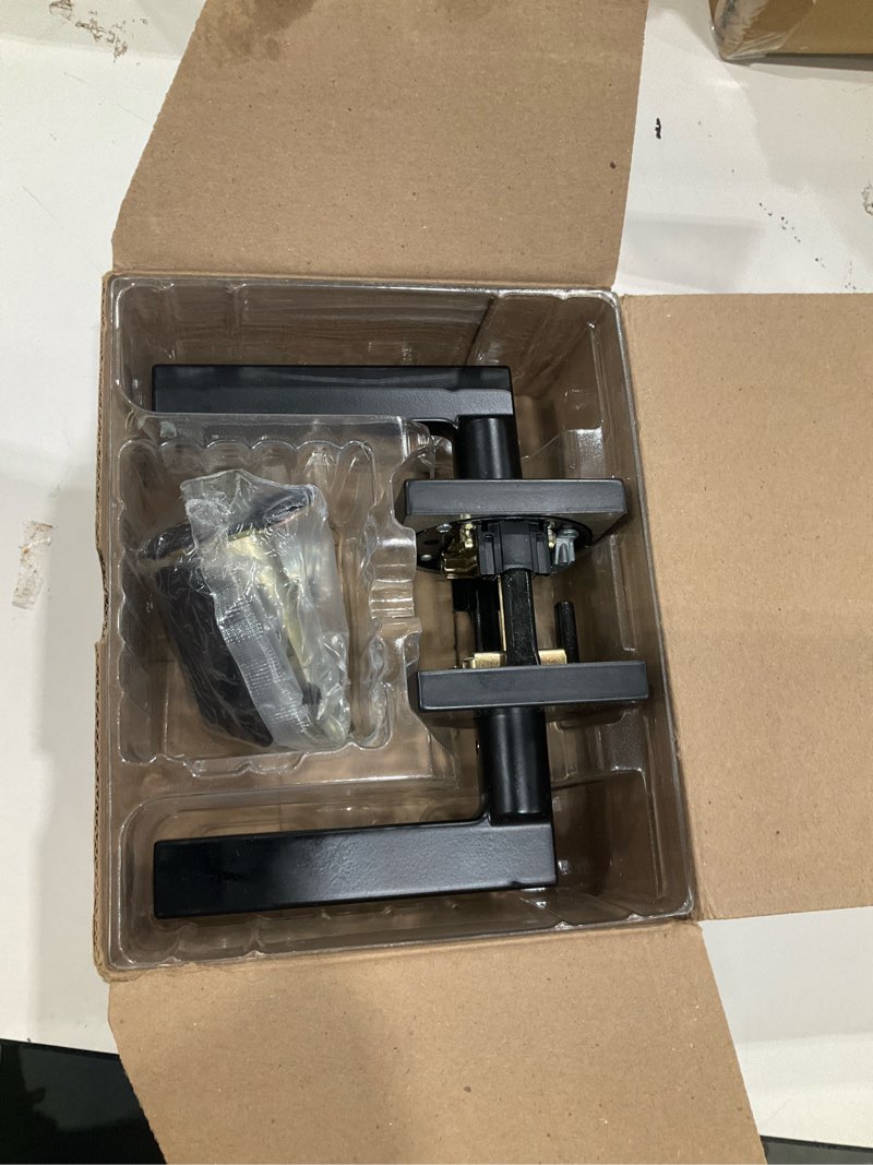 Condition photo showing As Is for kwikset halifax interior privacy door handle with lock, door lever for bathroom and bedroom, matte black reversible keyless push button lock door lever, with microban protection, square rose matte black 1 pack privacy