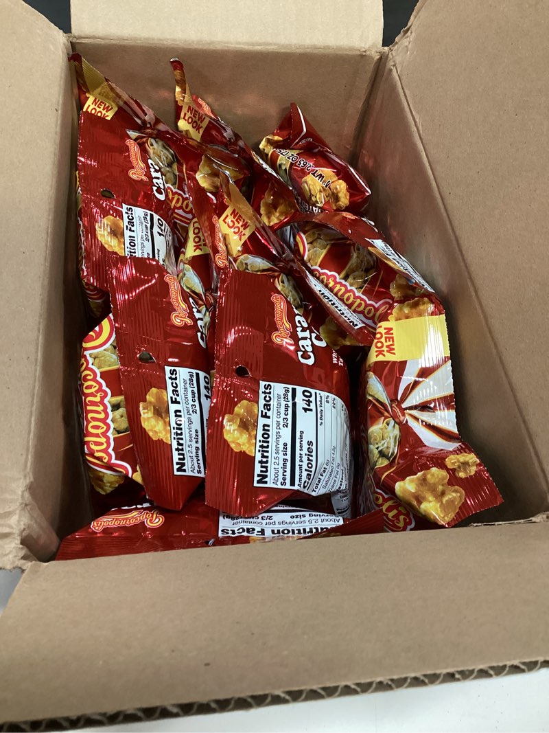 Condition photo showing New/Like New for (bbd:06/18/2026) popcornopolis gourmet popcorn, caramel corn, sweet snack, 12-pack snack bags, bulk & single serve, non-gmo, gluten-free