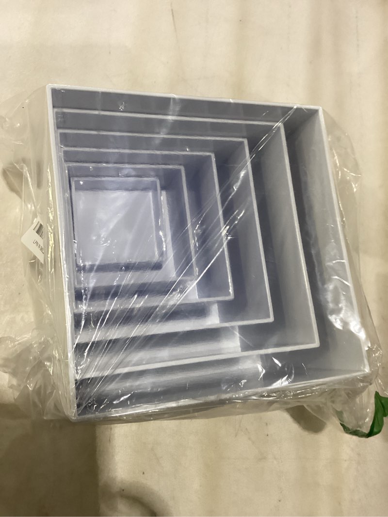 Condition photo showing As Is for PercyEffie 6PCS Buffet risers Acrylic Cubes for Display Food risers for Buffet Table White Dessert Table displays Set Cube Boxes Display Nesting Riser Stands Cupcake Stands for decor5/6/6.8/7/7.5/8IN