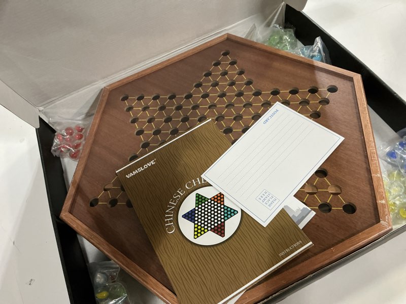 Condition photo showing New/Like New for VAMSLOVE Large 17" Chinese Checkers Board Game for 2-6 Player Wooden Game Board, 16mm 60+12 Colorful Glass Marbles, Easy Grasping for Adults and Kids, w/Storage Drawer, Fun for Family Gathering