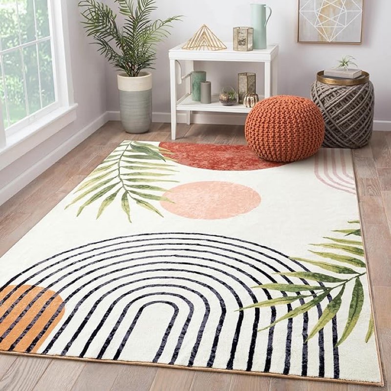 (Similar)RoomTalks Mid Century Modern Washable Rug, Boho Cute Aesthetic 8x10 Area Rugs Large Carpet for Bedroom Dining Living Room Entryway Office, Contemporary Abstract Leaves Thin Pile Accent Indoor Rug