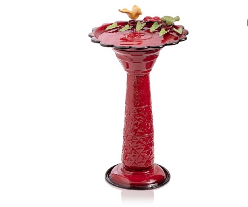 alpine corporation - 28" tall outdoor metal birdbath with birds and leaves yard statue decoration, red – stunning garden accent to attract birds - durable construction for patio, deck, or yard