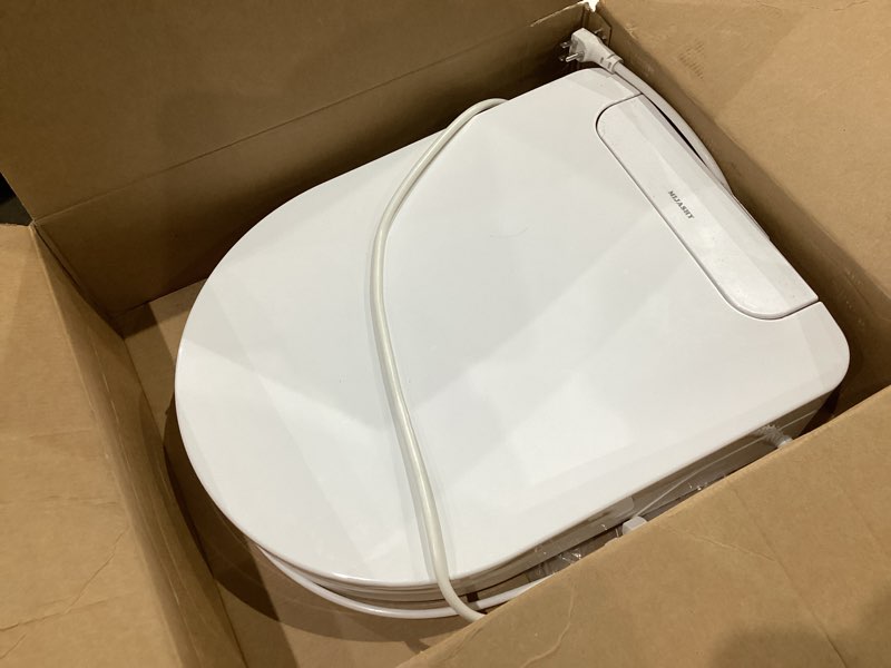 Condition photo showing As Is for electric bidet toilet seat, round, warm water with air dryer, heated seat and slow close lid, front and rear wash, led nightlight, wireless remote, white, 101d