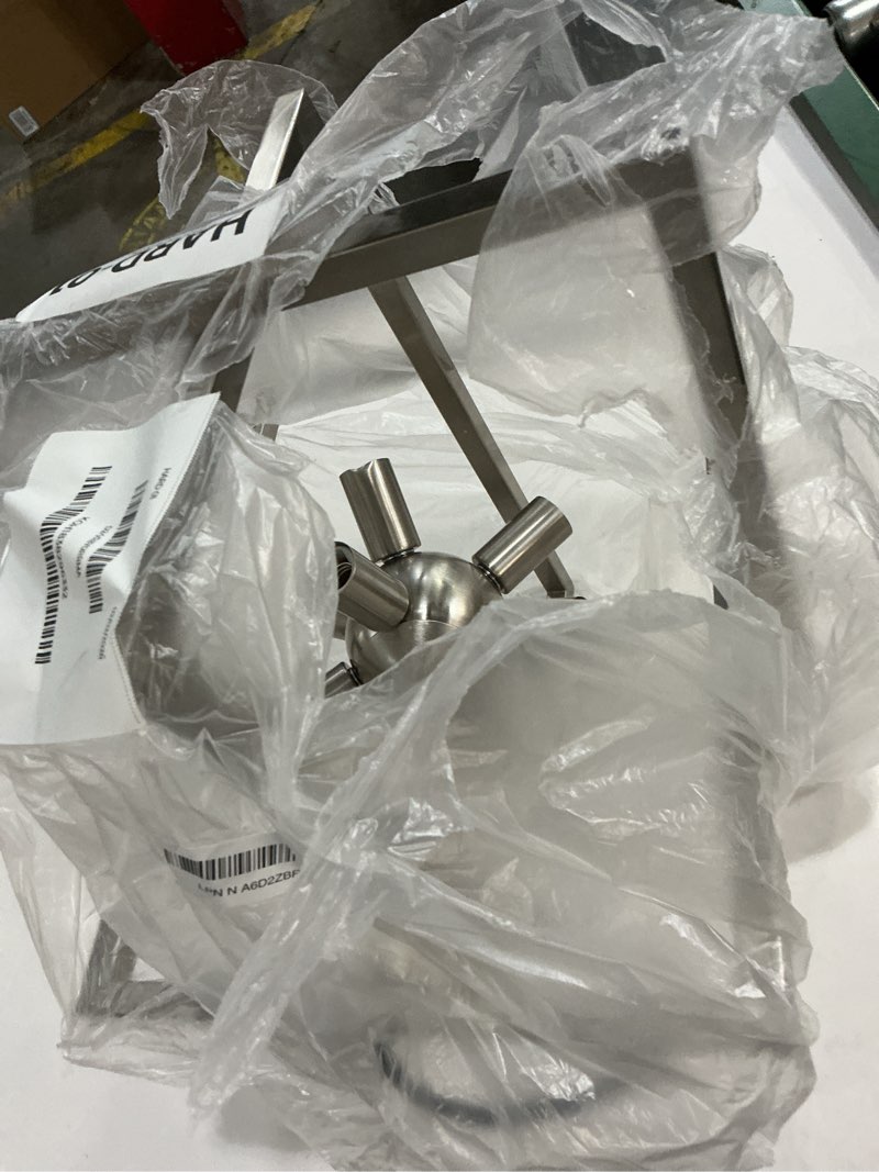 Condition photo showing As Is for Modern Chandelier Geometric Pendant Lighting Fixture Industrial 8-Light Height Adjustable Brushed Nickel Ceiling Lights for Dining Room Living Room Entryway Foyer StairwayHallway Bedroom 15" Nickel