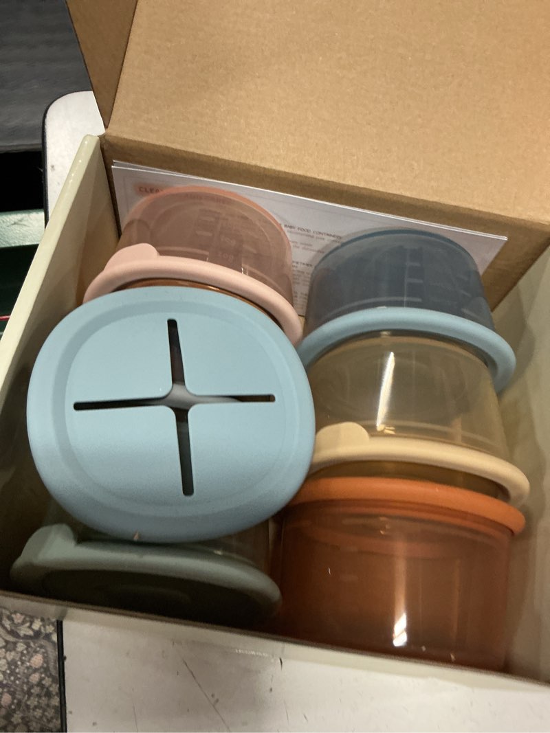 Condition photo showing As Is for moonkie silicone snack containers for kids & toddlers | 8 oz baby food containers with airtight lids and a snack lid | baby food jars | bpa free | freezer & dishwasher safe | 6 pack 6pack-clay/lunar grey/ether/blush/croissant/mint
