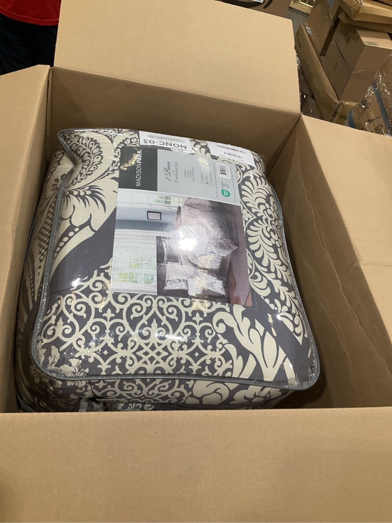 Condition photo showing Good Condition for madison park vienna sateen cotton comforter set, breathable, soft cover, trendy, all season down alternative cozy bedding with matching shams, king, grey 7 piece vienna grey king