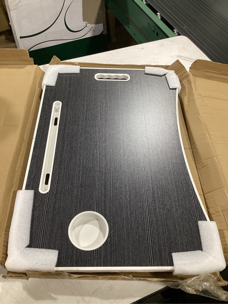 Condition photo showing Good Condition for folding lap desk, 23.6 inch wood laptop bed desk with cup holder, portable bed table for working writing reading & eating for bed, sofa, couch, floor - black