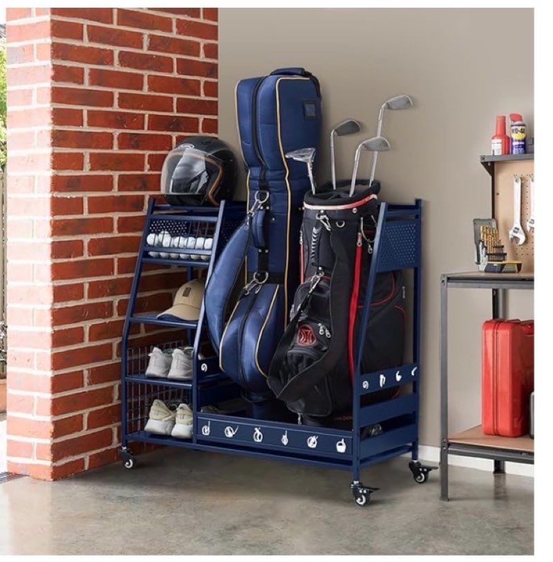lauren&harold golf bag organizer garage storage, golf storage rack stand with lockable wheels fits 2 golf bags and other golfing equipment accessories, golf organizer for garage, club, shed, basement