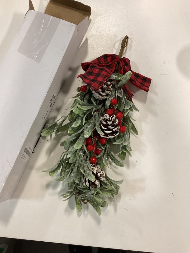 Condition photo showing New/Like New for 20 Inch Large Christmas Mistletoe Teardrop Swags Decor Christmas Holiday Kissing Mistletoe Artificial Hanging Bouquet Xmas Ornament with Sprigs Red Berries for Xmas Holiday Decor Mistletoe 20 Inch