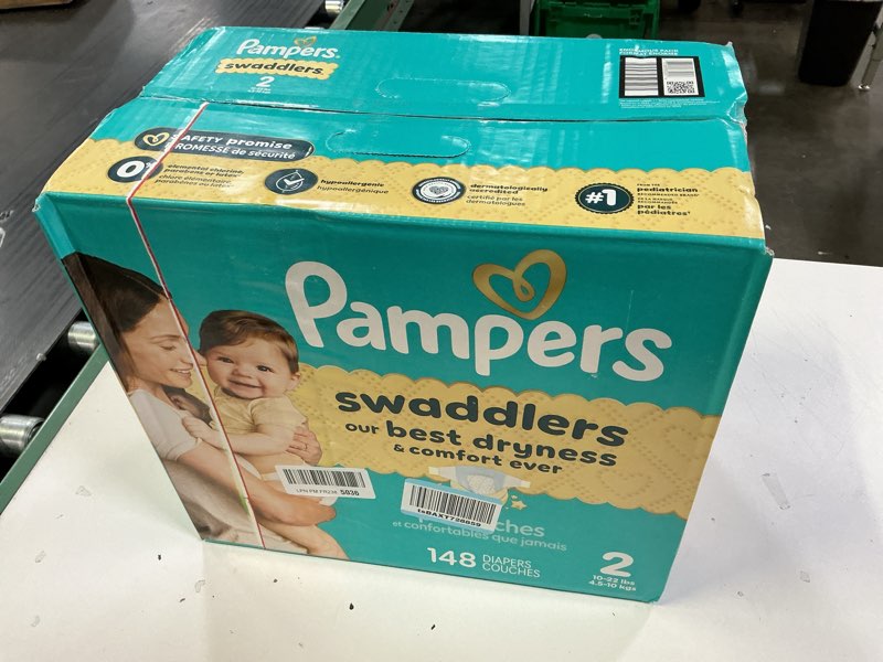 Condition photo showing New/Like New for pampers swaddlers diapers, size 2 (10-22 lbs), 148 count, absorbent, keeps baby dry and comfortable, skin safe disposable baby diaper size 2 148