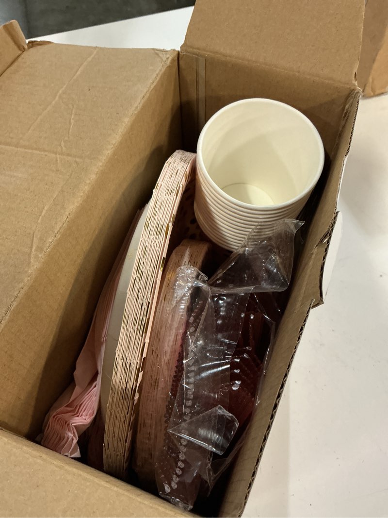 Condition photo showing New/Like New for aire pink gold paper plates, 175pcs disposable dinnerware set for 25 guests | thick food-grade paper,ideal for elegant weddings birthday graduations,leakproof heavy-duty construction,eco-friendly party 175 pcs pink and rose gold glitter
