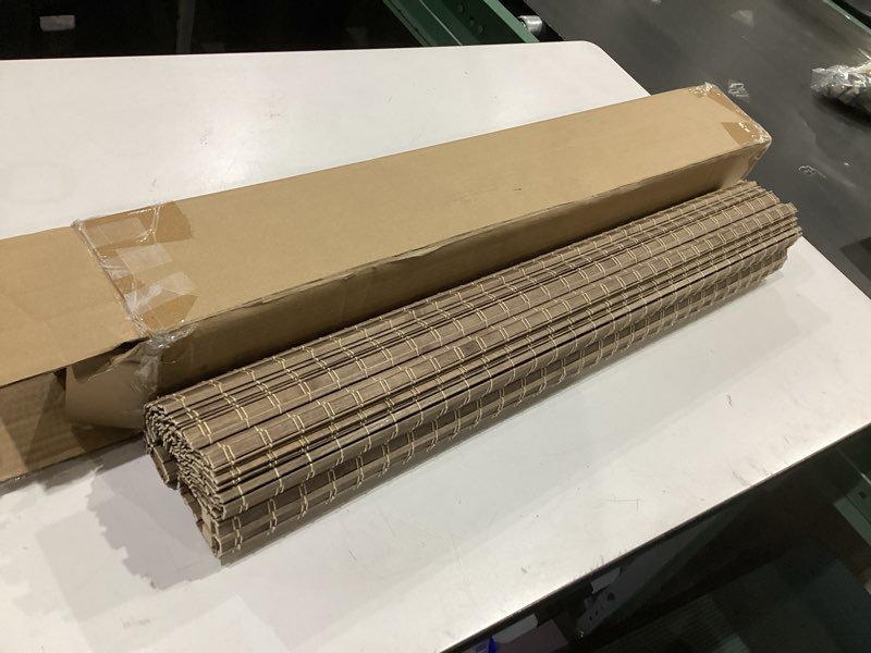 Condition photo showing As Is for lazblinds cordless bamboo roman shades, privacy blinds for interior windows, room darkening roll up bamboo blinds for home & patio, 30.5" w x 64" h, bdp-driftwood privacy - driftwood 30 1/2" w x 64" h