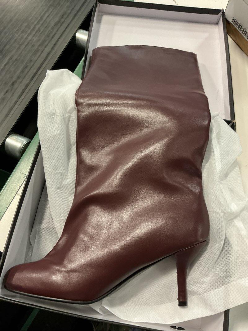 Condition photo showing Good Condition for ubwdu women's suede knee high boots square toe stiletto heels wide calf tall boots 10 burgundy pu