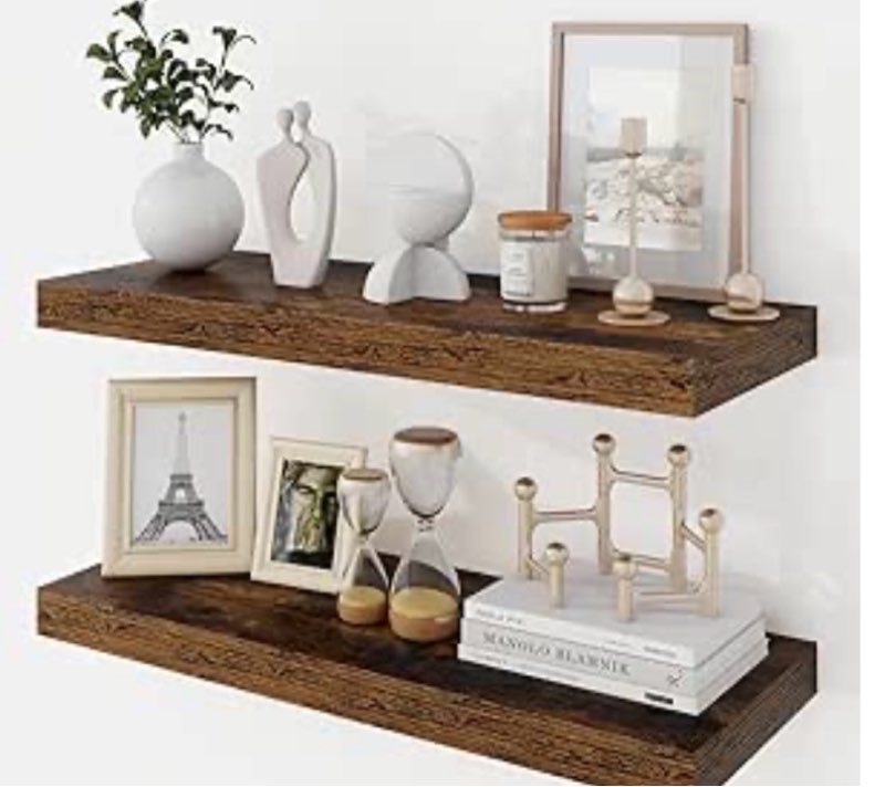 acovy 24 inch floating shelves, 9.3" deep floating shelf wall mounted, 24" wall shelves, rustic deep bookshelf, large display shelves & storage shelves for bedroom, living room, brown, set of 2