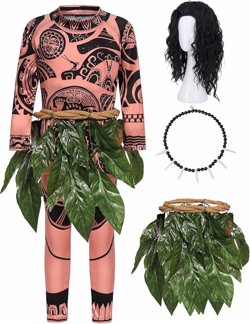 5 Pcs Maui Costume Kids Set with Wig Necklace Ocean Theme Cosplay Party Costume for Boys Printed Tattoos Shirt Pants