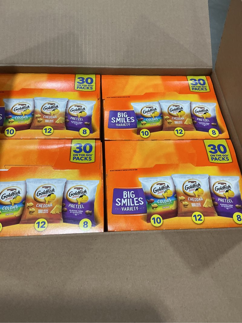 Condition photo showing New/Like New for sell by 5/17/26 goldfish crackers big smiles variety pack with cheddar, colors, and pretzels, snack packs, 30 ct (pack of 4)