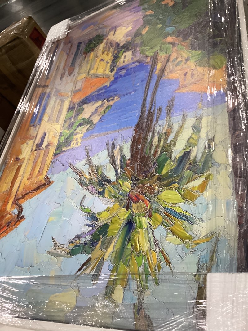 Condition photo showing New/Like New for serene waterside canvas monet coastal by art remedy, white frame, 24" x 36" white frame framed 37"l x 25"w