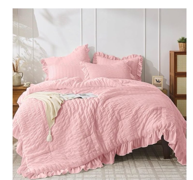 JOLLYVOGUE Pink Comforter Full Size, 3 Pieces Seersucker Lightweight Full Size Bedding, All Season F