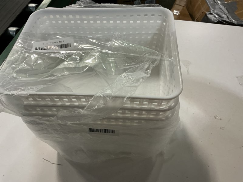 Condition photo showing As Is for ( incomplete  )plastic storage baskets with bamboo lid - plastic storage containers stackable storage bins: storage baskets for organizing shelves drawers desktop closet playroom classroom office, 6 pack cream white