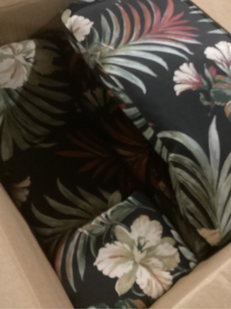Condition photo showing New/Like New for arden outdoor adirondack or rocking chair cushion, 20 x 17, rain-proof, fade resistant 17 x 20, simone black tropical simone black tropical standard adirondack