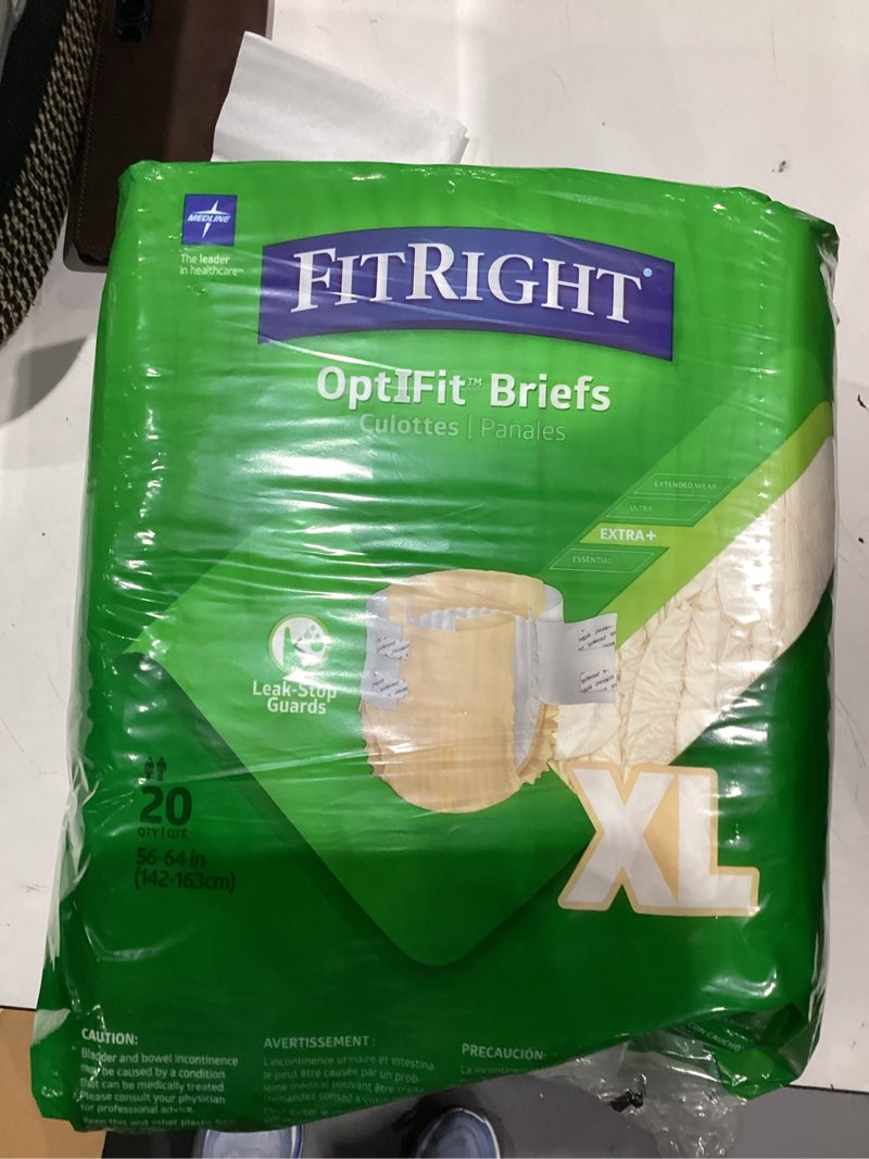 Condition photo showing New/Like New for fitright adult diapers, extra+ heavy absorbency, xl (waist size 56in-64in), 20 count, optifit incontinence briefs for men and women, disposable, moisture-wicking, leak protection, 20 count x-large