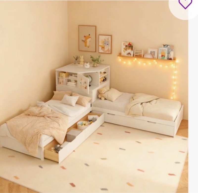 (Incomplete)L-Shaped 3-in-1 Twin Bed Frame with Trundle, Storage Drawer & Built-in Desk