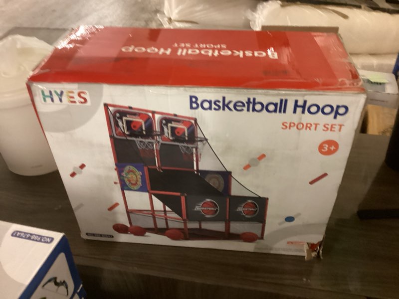 Condition photo showing New/Like New for 2 in 1 dual shot basketball arcade game with 2 dart boards/electronic scoreboard/led light, kids basketball hoop for home indoor outdoor, sport toys for boys girls dual shot + scoring&light
