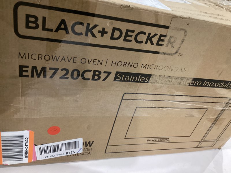 Condition photo showing As Is for BLACK+DECKER EM720CB7 Digital Microwave Oven with Turntable Push-Button Door, Child Safety Lock, 700W, Stainless Steel, 0.7 Cu.ft 0.7 cu. ft.