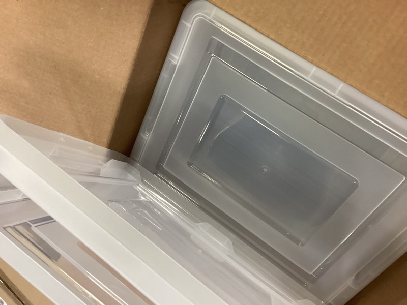 Condition photo showing Good Condition for IRIS USA File Box, Plastic File Organizer with Lids for Letter/Legal File, Portable Document Box For Moving, Storage Bin with Durable and Secure Lid, Stackable Nestable BPA-Free, Clear 35 Qt. 4 Pack Clear - 4 Pack