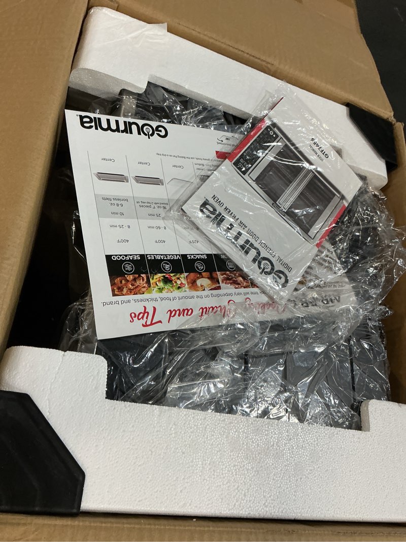Condition photo showing New/Like New for Gourmia French Door Air Fryer – 25 Qt Large Capacity Convection Oven, Fryfroce 360°, Digital Display with 17 Cooking Presets, Bake, Toast, Roast, Dehydrate, Fits 12” Pizza