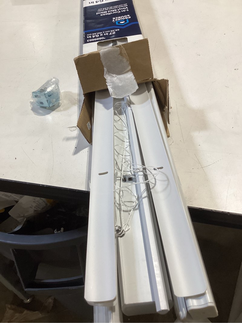 Condition photo showing As Is for project source light filtering 1-in slat width 27-in x 64-in cordless white vinyl light filtering mini-blinds