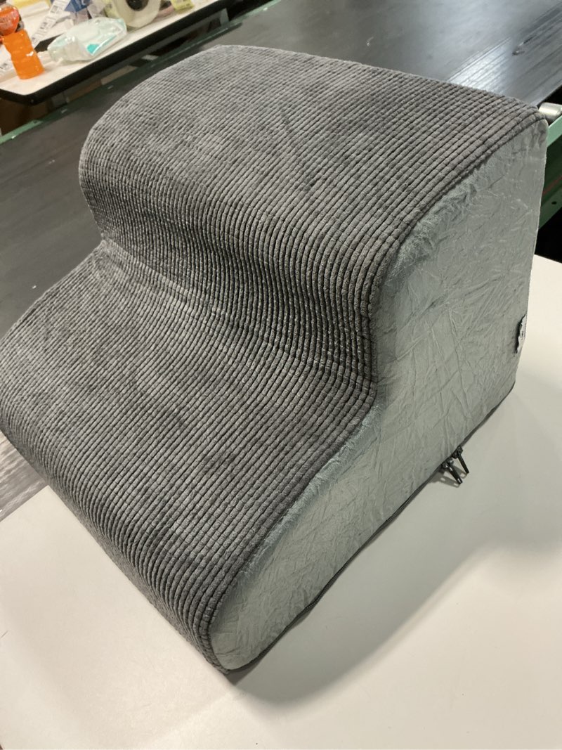 Condition photo showing As Is for Dog Stairs & Steps for High Beds, 2 Steps High Density Foam Waterproof Dog Ramp for Small Dogs and Cats, Pet Stairs with Removable Washable Cover for Bed, Couch, Sofa and Car (H: 11.8") Gray 2.0 2-Step 11.8"H