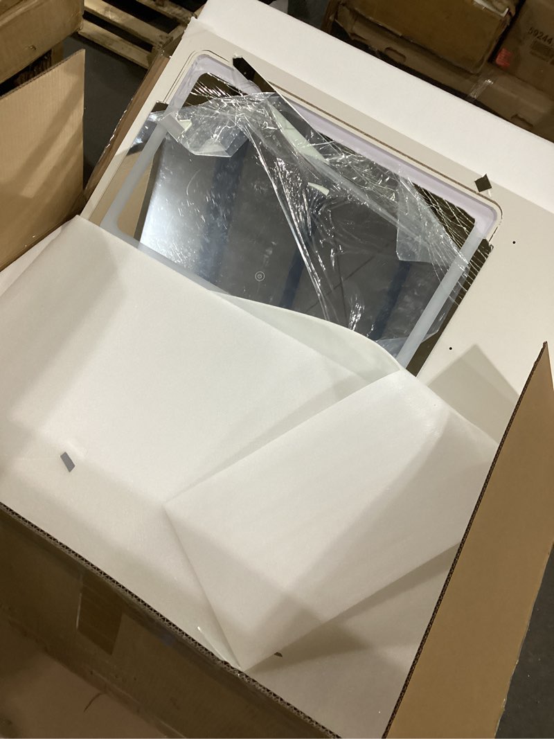 Condition photo showing As Is for “Glass top broken” Vanity Desk?Transparent Desktop, Multiple Color Ambient Lights, with Mirror and Tri Color Light Strip, Dressing Table with Charging Station, Equipped with 2 Drawers, White