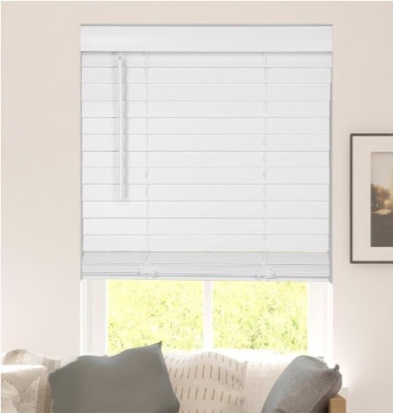 Calyx INTERIORS Faux Wood Blinds with Classic Valance, Cordless, 2" Slat, 22.5" W x 36" H, Blinds for Indoor Windows, Room Darkening Window Blinds for Home Interior Windows and Doors, Pure White