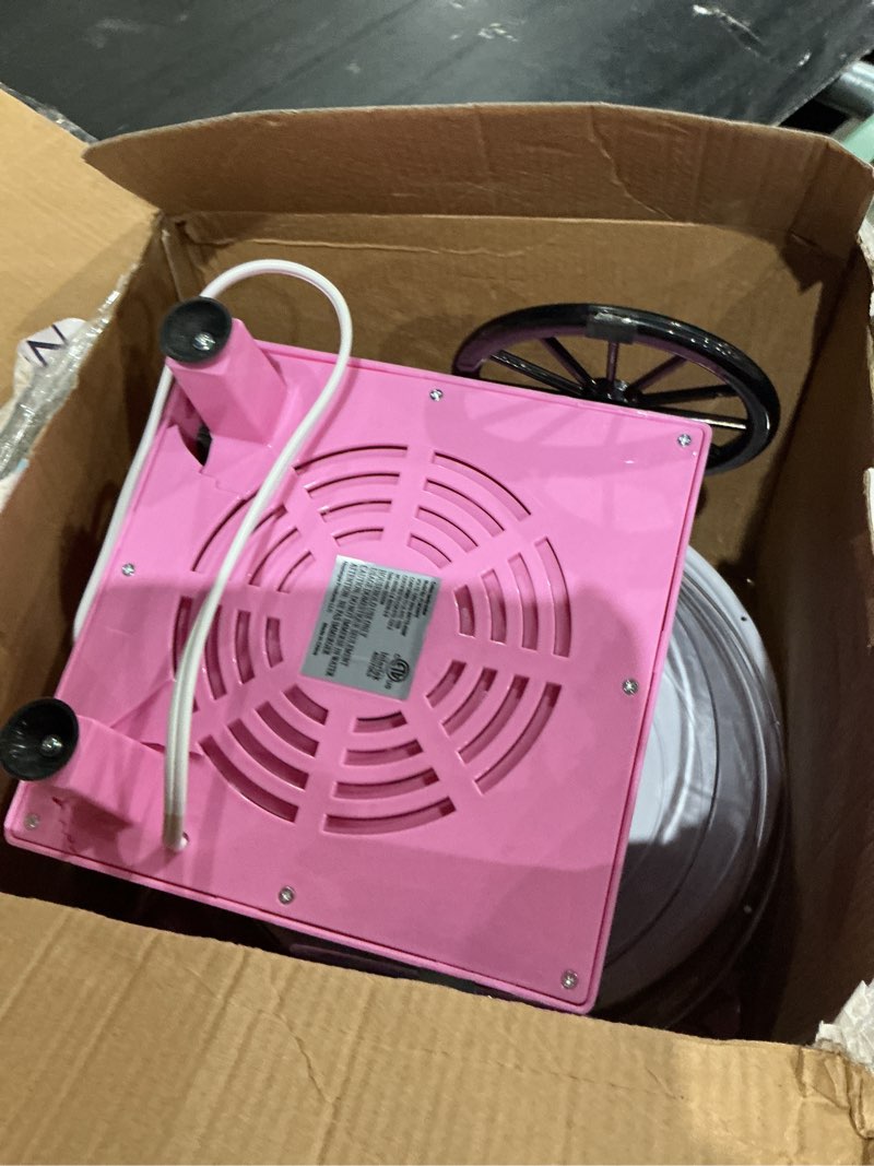 Condition photo showing As Is for nostalgia vintage cotton candy machine - countertop cotton candy maker with 2 reusable cones & 1 sugar scoop - use hard candy or sugar to create fluffy, delicious treats in minutes-pink