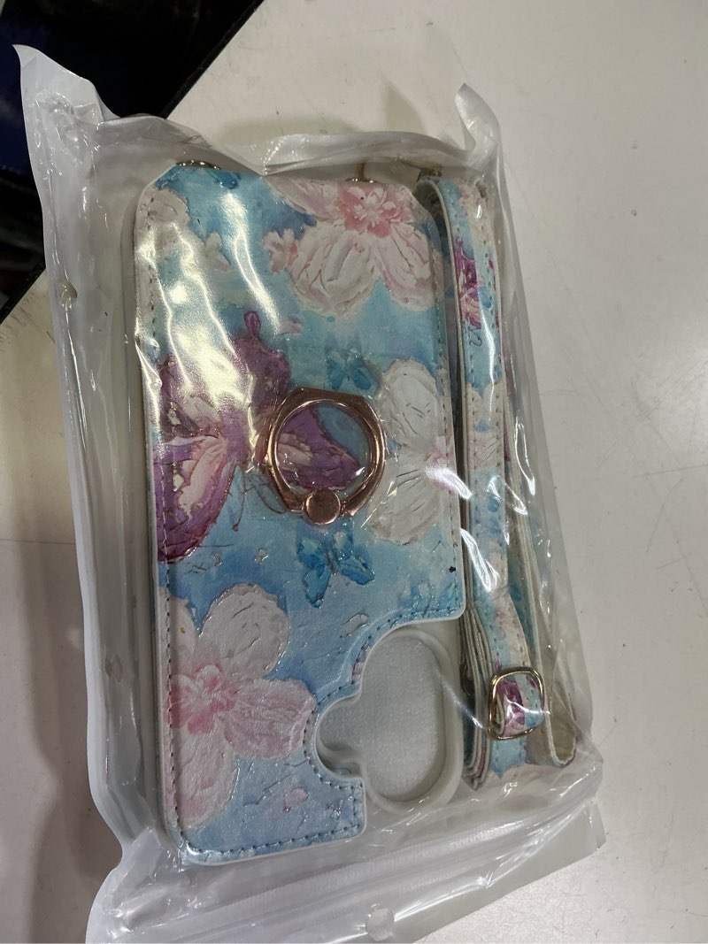 Condition photo showing New/Like New for Crossbody Wallet Case for iPhone 16 with Card Holder, Cute 3D Oil Painting Floral Butterfly Pattern Crossbody Case with [Screen Protector+Camera Lens Protector] Ring Stand&Lanyard Cover,White for iPhone 16 White